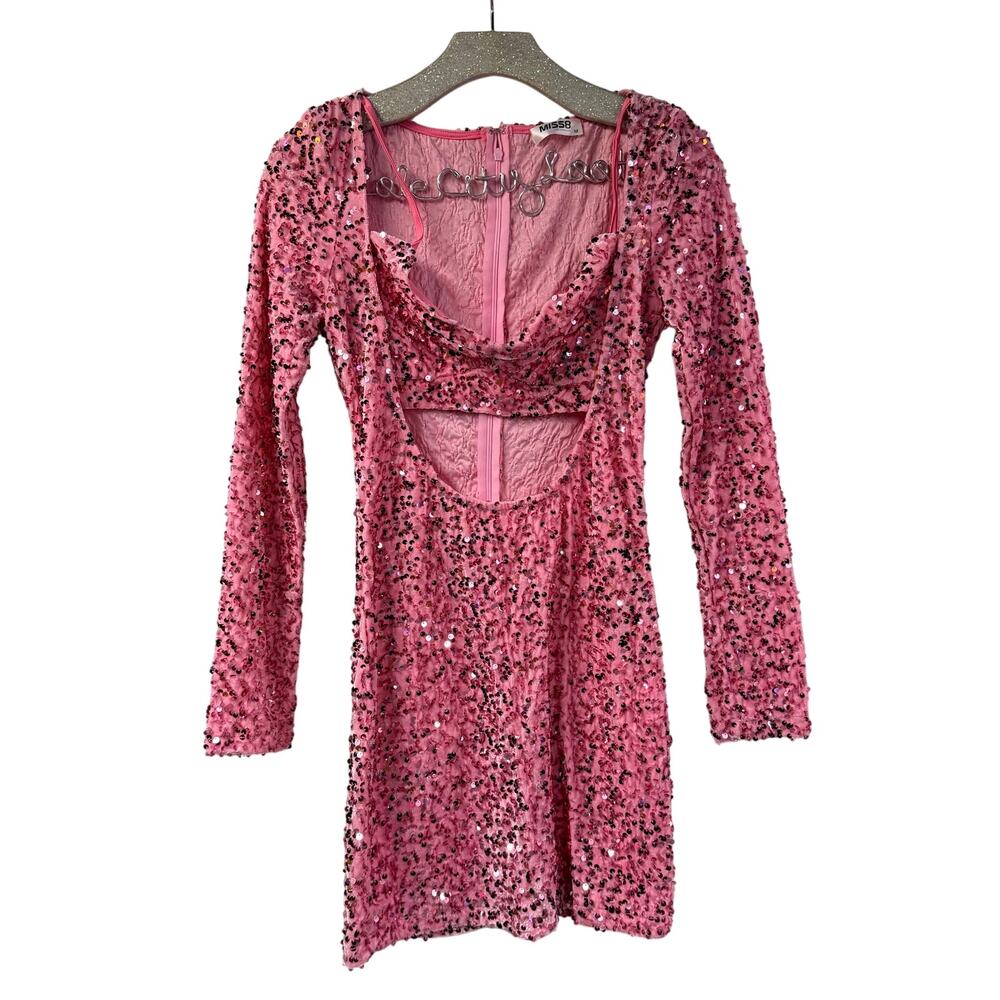 Miss8 Velvet Cutout Pink Sequin Dress Medium Stretchy Long Sleeve Mini Sparkly